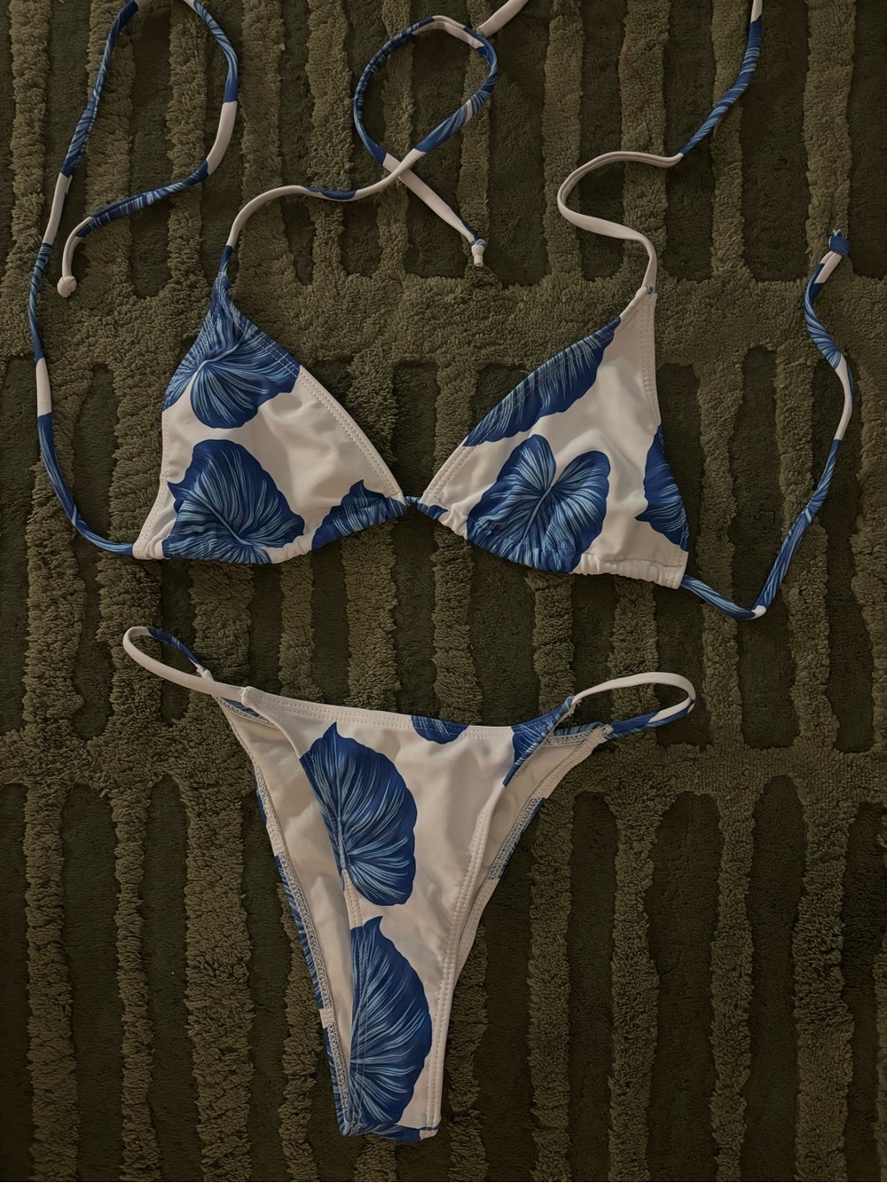 White & Blue Leaf Print Triangle Bikini and Cover up Set - Women Swim